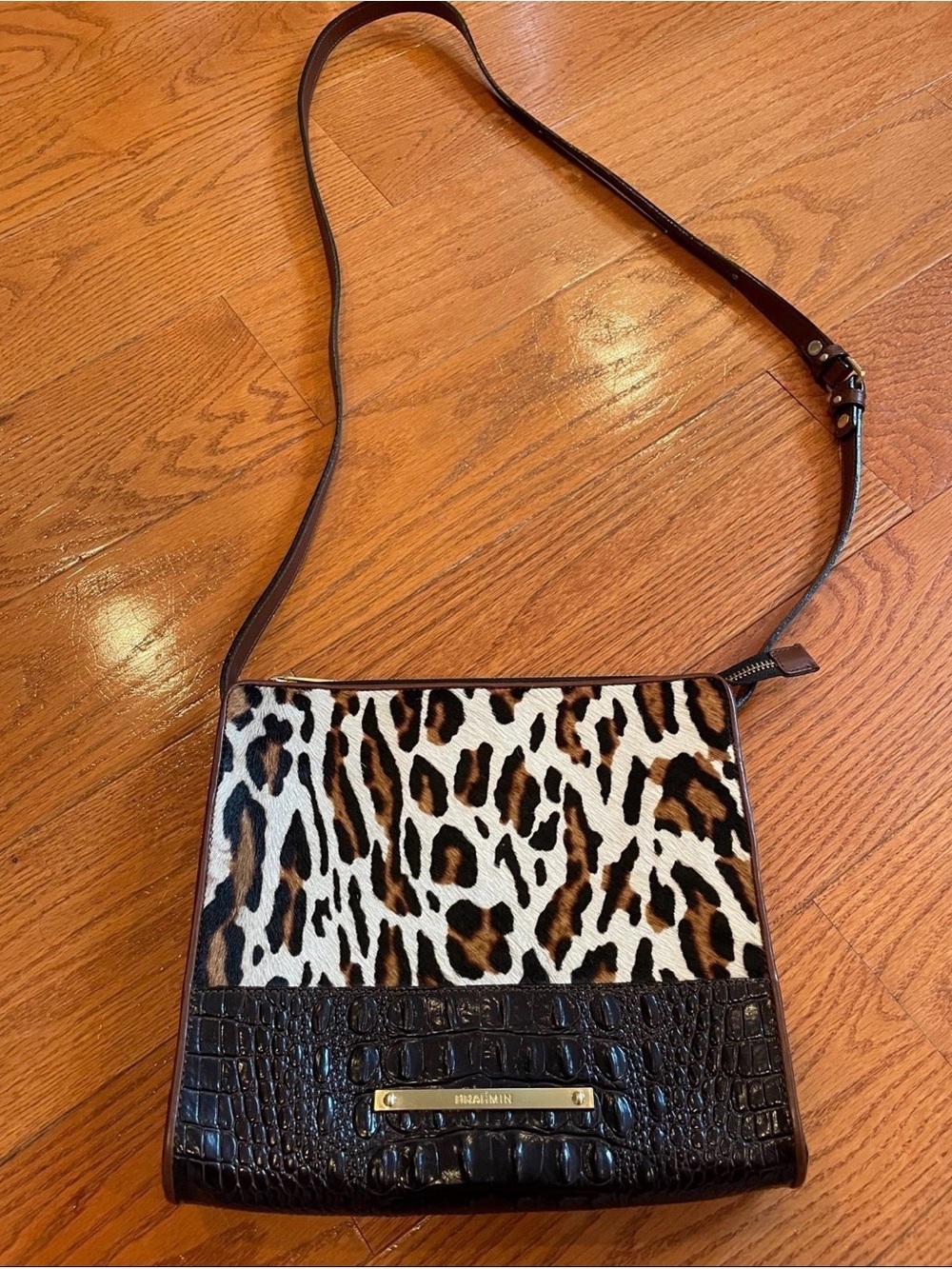 Brahmin Leopard Haircalf Crossbody Bag  Croc Embossed Leather Animal Print